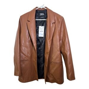 Chic NWT Zara Brown Faux Leather Blazer | Collared & Single Breasted